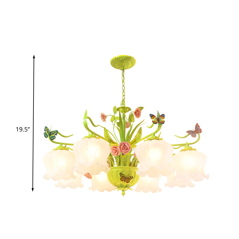 Countryside Flower Hanging Pendant 8 Heads Opal Glass Chandelier Lighting Fixture in Green for Living Room Clearhalo 'Ceiling Lights' 'Chandeliers' 'Glass shade' 'Glass' Lighting' 324647
