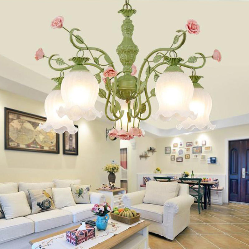 5 Bulbs Sandblasted Glass Chandelier Traditionalism White/Green Floral Bedroom Pendant Lighting Fixture Green Clearhalo 'Ceiling Lights' 'Chandeliers' 'Glass shade' 'Glass' Lighting' 324648