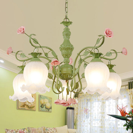 5 Bulbs Sandblasted Glass Chandelier Traditionalism White/Green Floral Bedroom Pendant Lighting Fixture Clearhalo 'Ceiling Lights' 'Chandeliers' 'Glass shade' 'Glass' Lighting' 324649