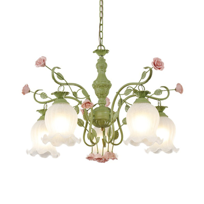 5 Bulbs Sandblasted Glass Chandelier Traditionalism White/Green Floral Bedroom Pendant Lighting Fixture Clearhalo 'Ceiling Lights' 'Chandeliers' 'Glass shade' 'Glass' Lighting' 324650
