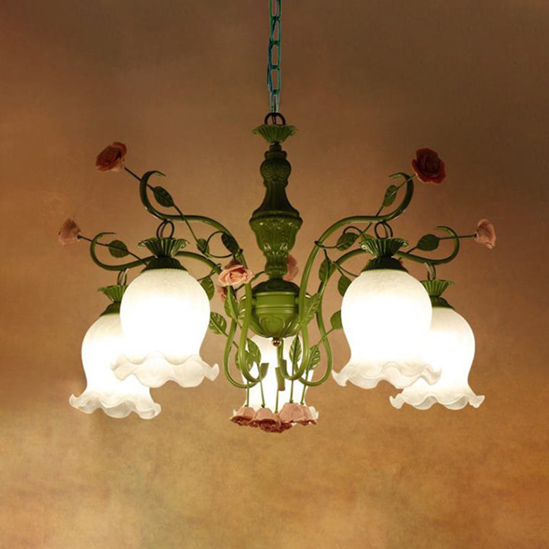 5 Bulbs Sandblasted Glass Chandelier Traditionalism White/Green Floral Bedroom Pendant Lighting Fixture Clearhalo 'Ceiling Lights' 'Chandeliers' 'Glass shade' 'Glass' Lighting' 324651