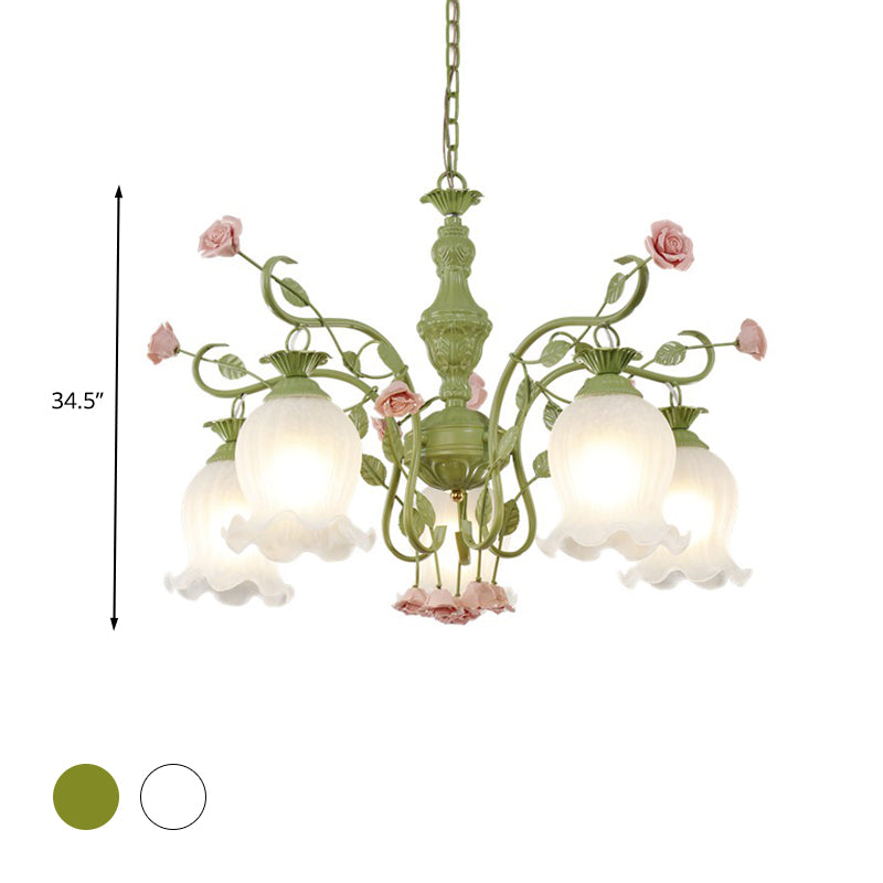 5 Bulbs Sandblasted Glass Chandelier Traditionalism White/Green Floral Bedroom Pendant Lighting Fixture Clearhalo 'Ceiling Lights' 'Chandeliers' 'Glass shade' 'Glass' Lighting' 324652