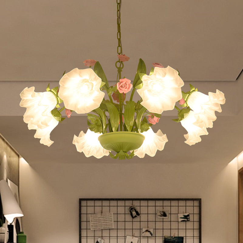 Countryside Flower Hanging Pendant 6/8 Heads Opal Glass Chandelier Lighting Fixture in Green for Bedroom 6 Green Clearhalo 'Ceiling Lights' 'Chandeliers' 'Glass shade' 'Glass' Lighting' 324656