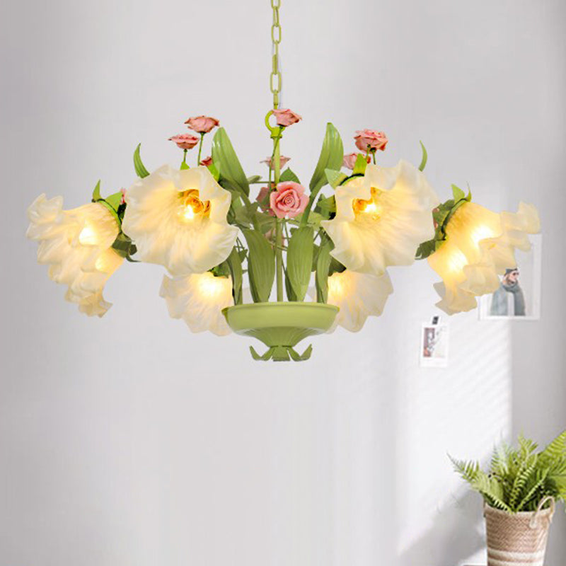 Countryside Flower Hanging Pendant 6/8 Heads Opal Glass Chandelier Lighting Fixture in Green for Bedroom Clearhalo 'Ceiling Lights' 'Chandeliers' 'Glass shade' 'Glass' Lighting' 324657