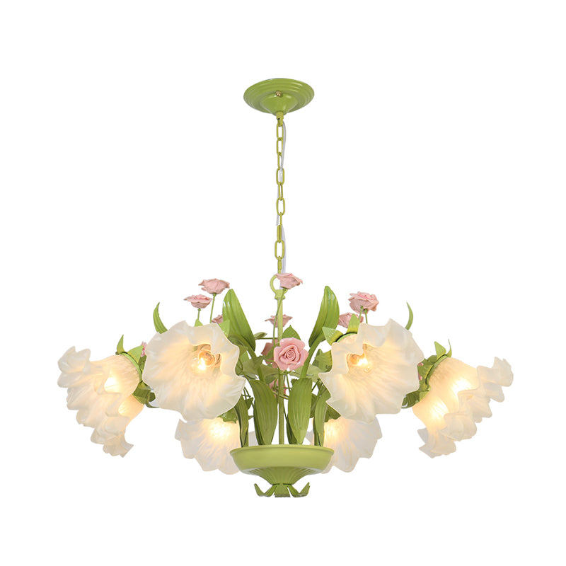 Countryside Flower Hanging Pendant 6/8 Heads Opal Glass Chandelier Lighting Fixture in Green for Bedroom Clearhalo 'Ceiling Lights' 'Chandeliers' 'Glass shade' 'Glass' Lighting' 324658