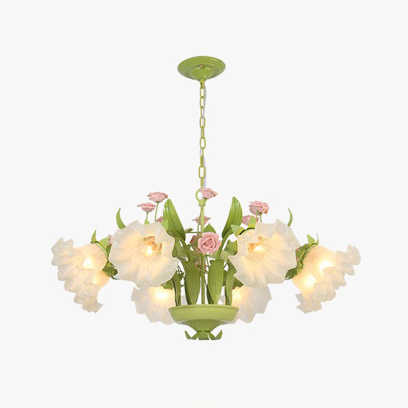 Countryside Flower Hanging Pendant 6/8 Heads Opal Glass Chandelier Lighting Fixture in Green for Bedroom Clearhalo 'Ceiling Lights' 'Chandeliers' 'Glass shade' 'Glass' Lighting' 324659