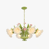 Countryside Flower Hanging Pendant 6/8 Heads Opal Glass Chandelier Lighting Fixture in Green for Bedroom Clearhalo 'Ceiling Lights' 'Chandeliers' 'Glass shade' 'Glass' Lighting' 324659
