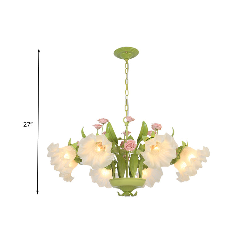 Countryside Flower Hanging Pendant 6/8 Heads Opal Glass Chandelier Lighting Fixture in Green for Bedroom Clearhalo 'Ceiling Lights' 'Chandeliers' 'Glass shade' 'Glass' Lighting' 324660