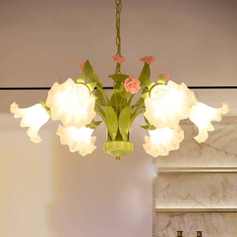 Countryside Flower Hanging Pendant 6/8 Heads Opal Glass Chandelier Lighting Fixture in Green for Bedroom 8 Green Clearhalo 'Ceiling Lights' 'Chandeliers' 'Glass shade' 'Glass' Lighting' 324661