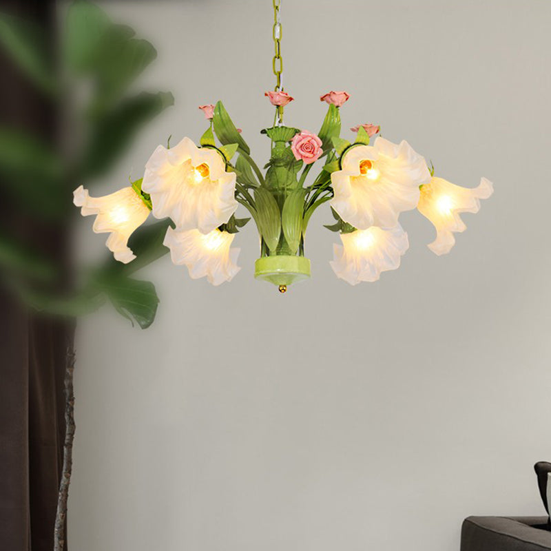 Countryside Flower Hanging Pendant 6/8 Heads Opal Glass Chandelier Lighting Fixture in Green for Bedroom Clearhalo 'Ceiling Lights' 'Chandeliers' 'Glass shade' 'Glass' Lighting' 324662