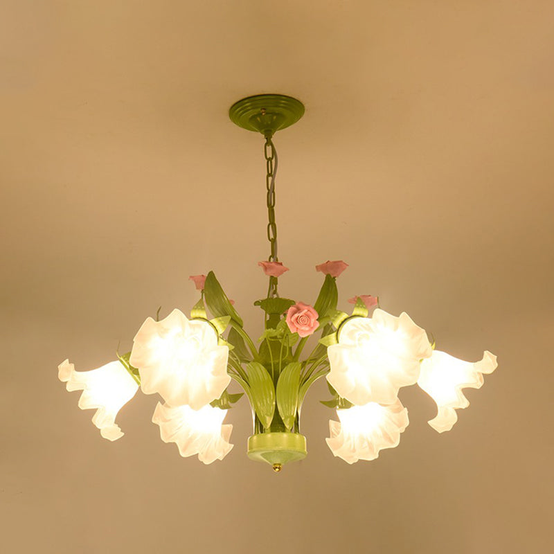 Countryside Flower Hanging Pendant 6/8 Heads Opal Glass Chandelier Lighting Fixture in Green for Bedroom Clearhalo 'Ceiling Lights' 'Chandeliers' 'Glass shade' 'Glass' Lighting' 324663