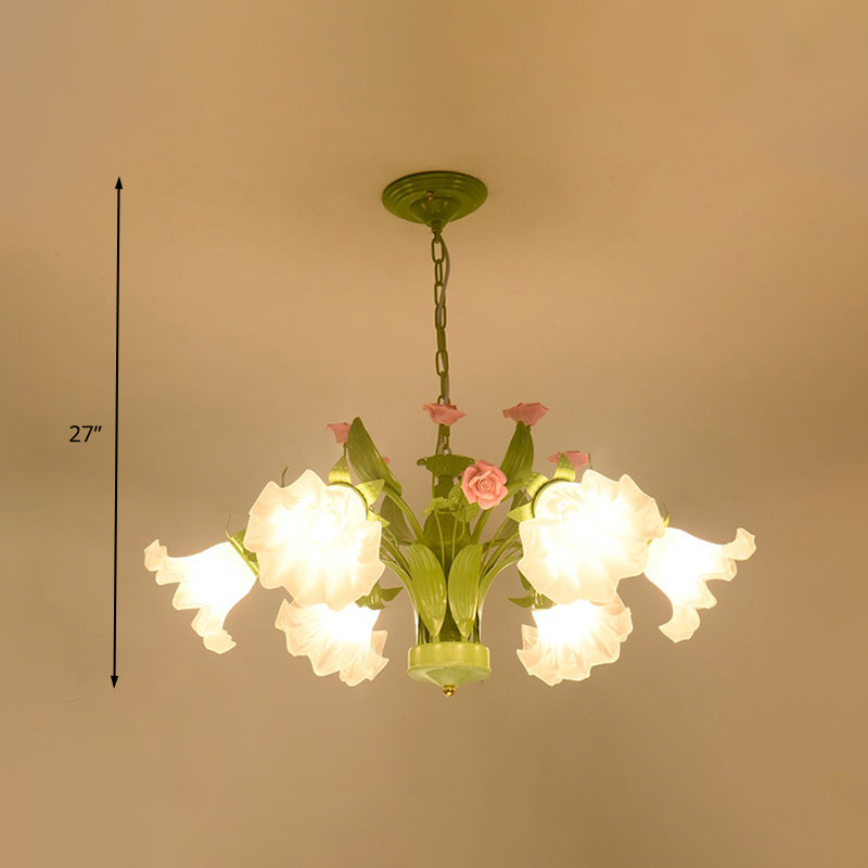 Countryside Flower Hanging Pendant 6/8 Heads Opal Glass Chandelier Lighting Fixture in Green for Bedroom Clearhalo 'Ceiling Lights' 'Chandeliers' 'Glass shade' 'Glass' Lighting' 324664