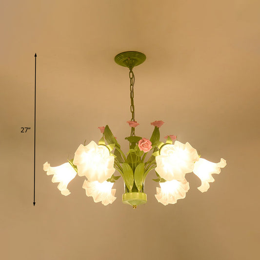 Countryside Flower Hanging Pendant 6/8 Heads Opal Glass Chandelier Lighting Fixture in Green for Bedroom Clearhalo 'Ceiling Lights' 'Chandeliers' 'Glass shade' 'Glass' Lighting' 324664