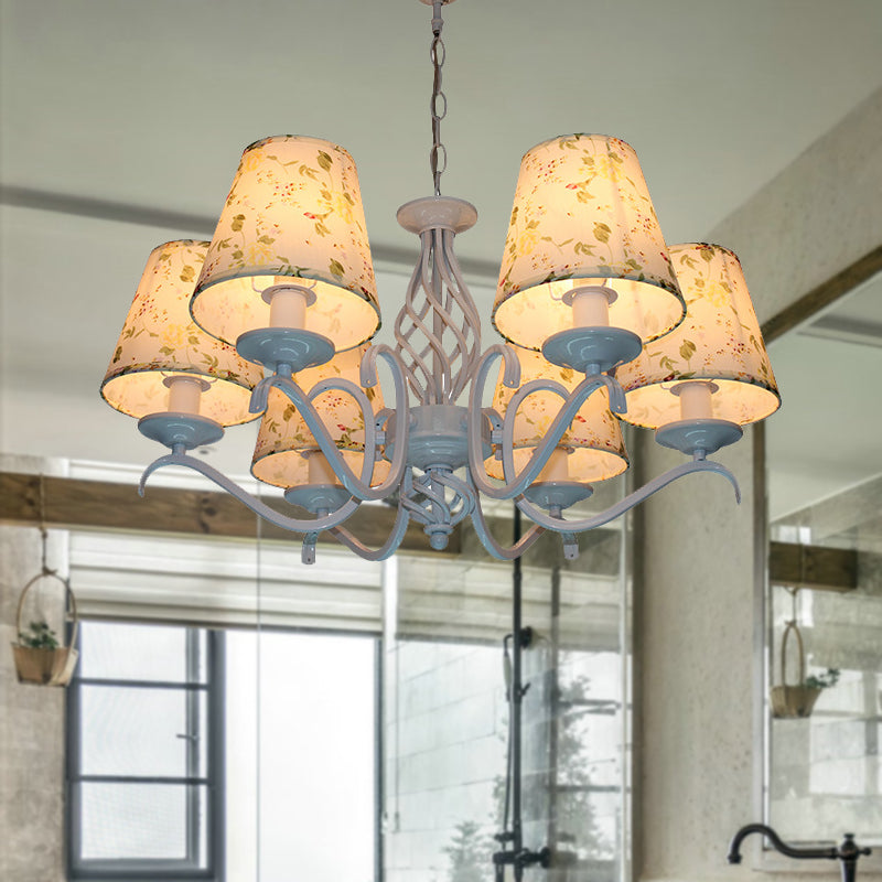 Light Blue 6 Heads Chandelier Light Traditionalism Fabric Conical LED Suspended Lighting Fixture Clearhalo 'Ceiling Lights' 'Chandeliers' Lighting' options 324666