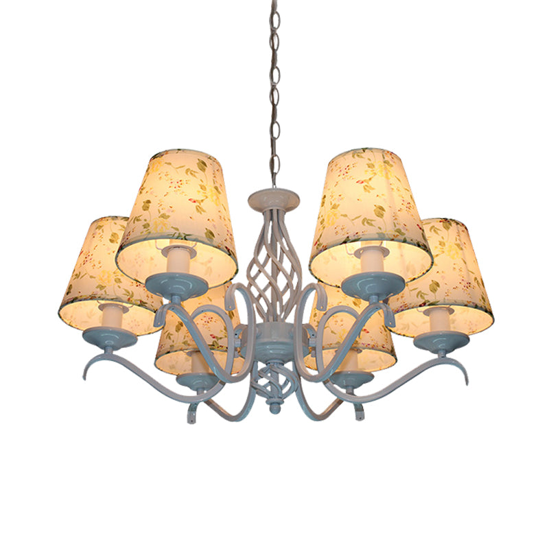 Light Blue 6 Heads Chandelier Light Traditionalism Fabric Conical LED Suspended Lighting Fixture Clearhalo 'Ceiling Lights' 'Chandeliers' Lighting' options 324667