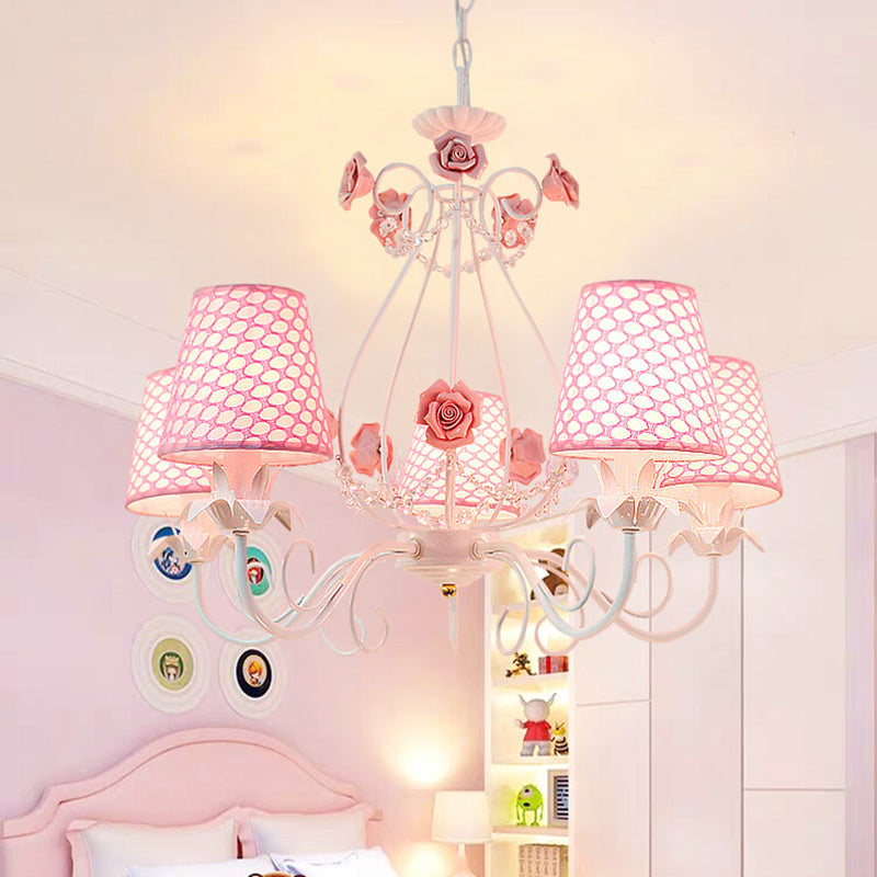 Countryside Barrel Chandelier Lighting Fixture 5 Heads Fabric Pendant Ceiling Light in Pink/White Clearhalo 'Ceiling Lights' 'Chandeliers' Lighting' options 324675