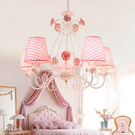 Countryside Barrel Chandelier Lighting Fixture 5 Heads Fabric Pendant Ceiling Light in Pink/White Clearhalo 'Ceiling Lights' 'Chandeliers' Lighting' options 324676