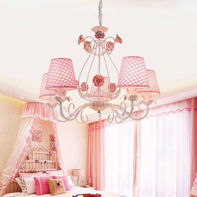 Countryside Barrel Chandelier Lighting Fixture 5 Heads Fabric Pendant Ceiling Light in Pink/White Clearhalo 'Ceiling Lights' 'Chandeliers' Lighting' options 324677