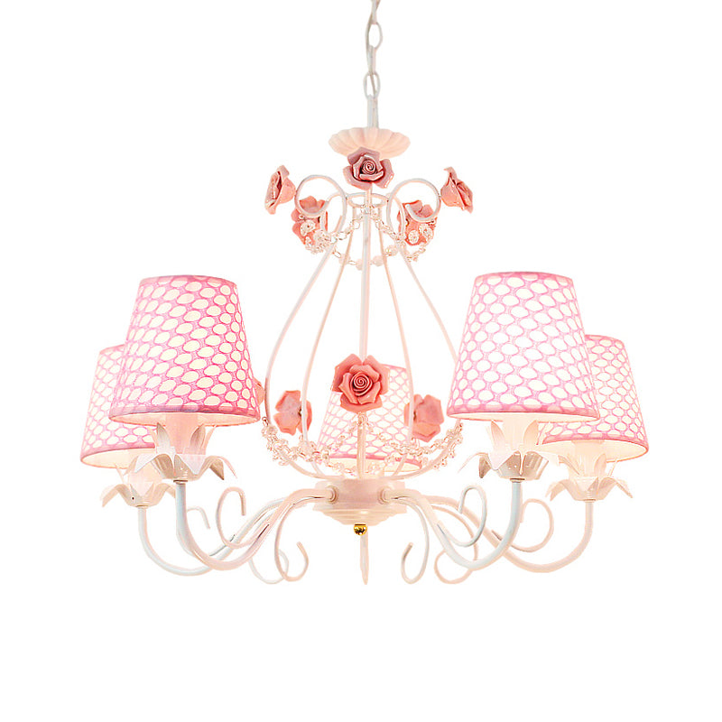 Countryside Barrel Chandelier Lighting Fixture 5 Heads Fabric Pendant Ceiling Light in Pink/White Clearhalo 'Ceiling Lights' 'Chandeliers' Lighting' options 324678