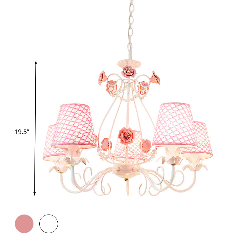 Countryside Barrel Chandelier Lighting Fixture 5 Heads Fabric Pendant Ceiling Light in Pink/White Clearhalo 'Ceiling Lights' 'Chandeliers' Lighting' options 324679