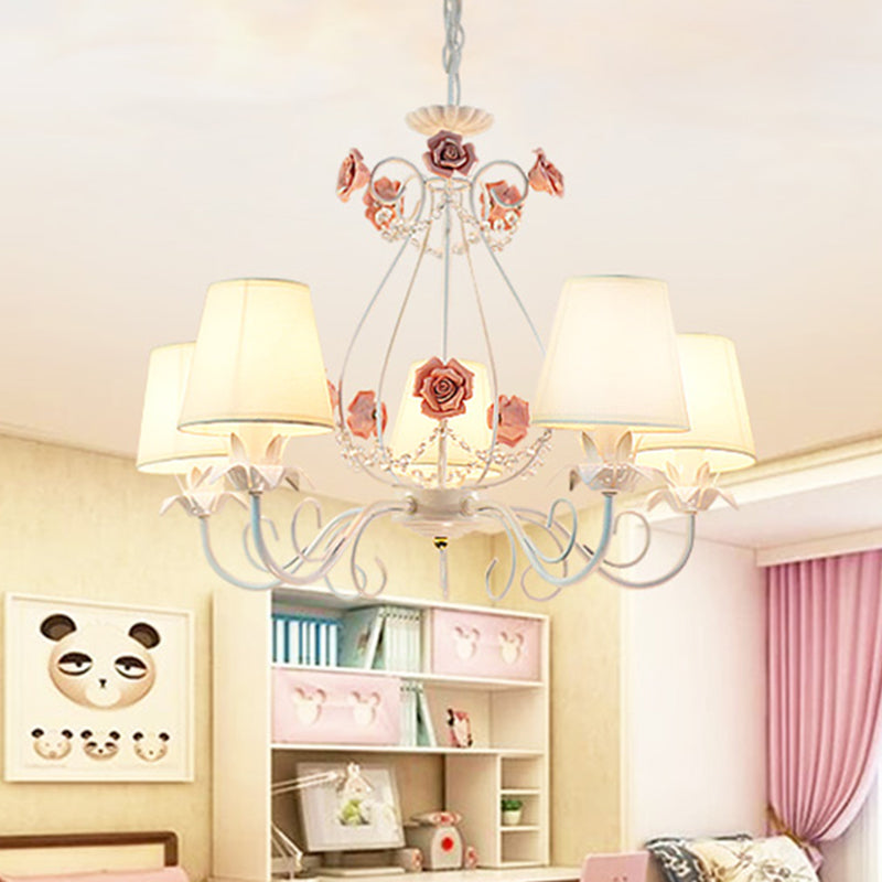 Countryside Barrel Chandelier Lighting Fixture 5 Heads Fabric Pendant Ceiling Light in Pink/White Clearhalo 'Ceiling Lights' 'Chandeliers' Lighting' options 324680