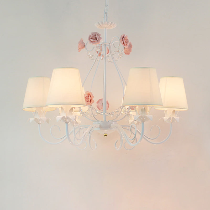 Countryside Barrel Chandelier Lighting Fixture 5 Heads Fabric Pendant Ceiling Light in Pink/White Clearhalo 'Ceiling Lights' 'Chandeliers' Lighting' options 324681