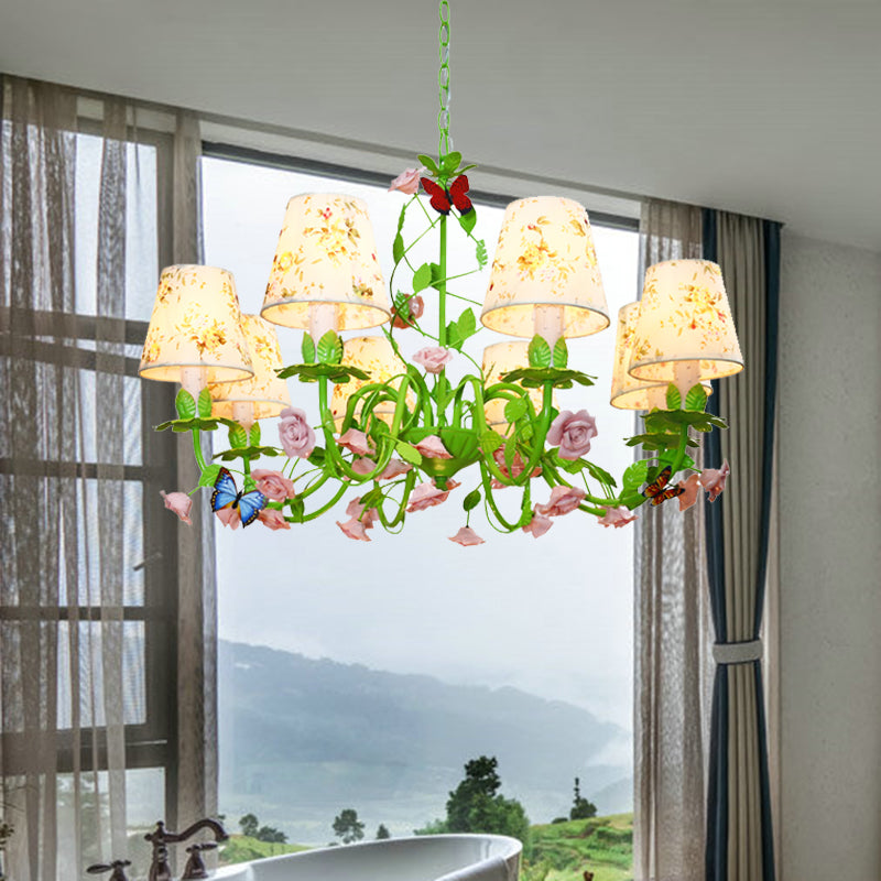 Fabric Green Hanging Chandelier Tapered 8 Lights Traditional Down Lighting Pendant for Bedroom Clearhalo 'Ceiling Lights' 'Chandeliers' Lighting' options 324682