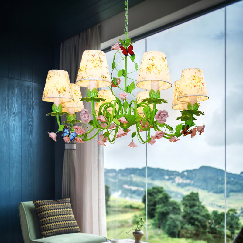 Fabric Green Hanging Chandelier Tapered 8 Lights Traditional Down Lighting Pendant for Bedroom Clearhalo 'Ceiling Lights' 'Chandeliers' Lighting' options 324683