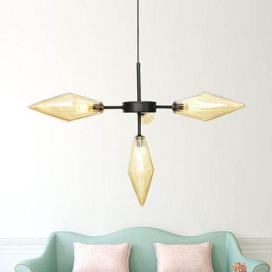 4 Heads Tapered Pendant Chandelier Modernism Amber Glass Hanging Ceiling Light in Black Black Clearhalo 'Ceiling Lights' 'Chandeliers' 'Glass shade' 'Glass' 'Modern Chandeliers' 'Modern' Lighting' 324687