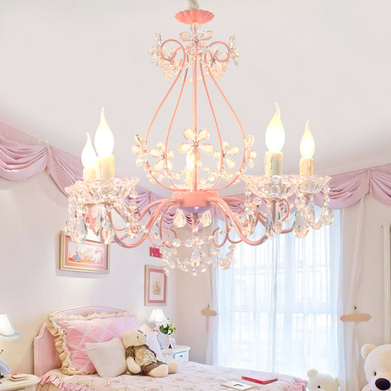 Candle Bedroom Ceiling Chandelier Traditional K9 Crystal 3/5 Heads Pink Hanging Light Fixture Clearhalo 'Ceiling Lights' 'Chandeliers' Lighting' options 324692