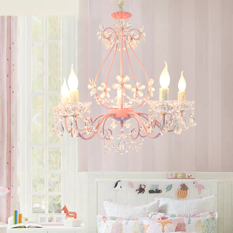 Candle Bedroom Ceiling Chandelier Traditional K9 Crystal 3/5 Heads Pink Hanging Light Fixture Clearhalo 'Ceiling Lights' 'Chandeliers' Lighting' options 324694