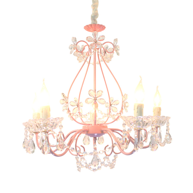 Candle Bedroom Ceiling Chandelier Traditional K9 Crystal 3/5 Heads Pink Hanging Light Fixture Clearhalo 'Ceiling Lights' 'Chandeliers' Lighting' options 324695