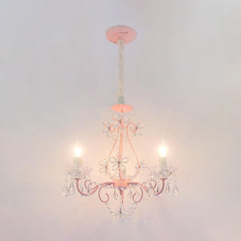 Candle Bedroom Ceiling Chandelier Traditional K9 Crystal 3/5 Heads Pink Hanging Light Fixture Clearhalo 'Ceiling Lights' 'Chandeliers' Lighting' options 324697