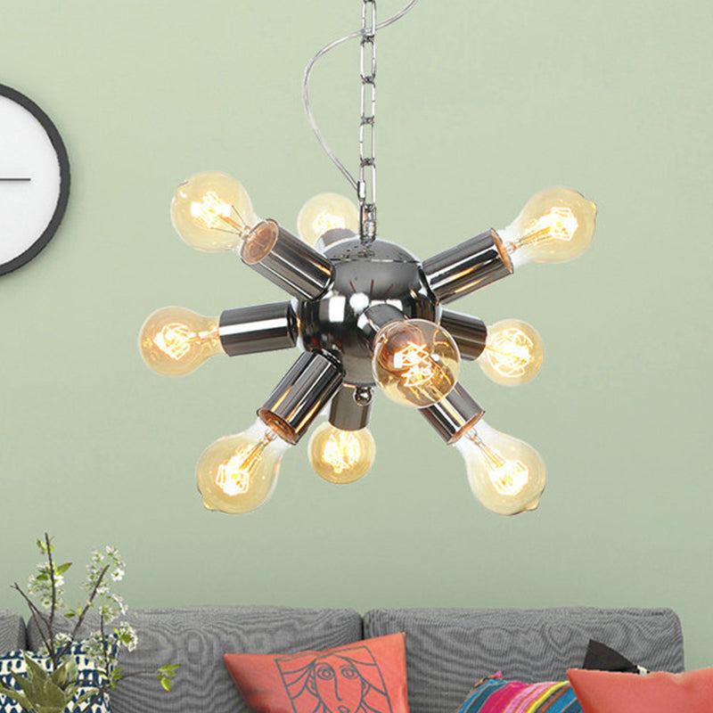 Starburst Hanging Chandelier Contemporary Metal 9/12 Bulbs Ceiling Pendant Light in Chrome Clearhalo 'Ceiling Lights' 'Chandeliers' 'Modern Chandeliers' 'Modern' Lighting' 324700