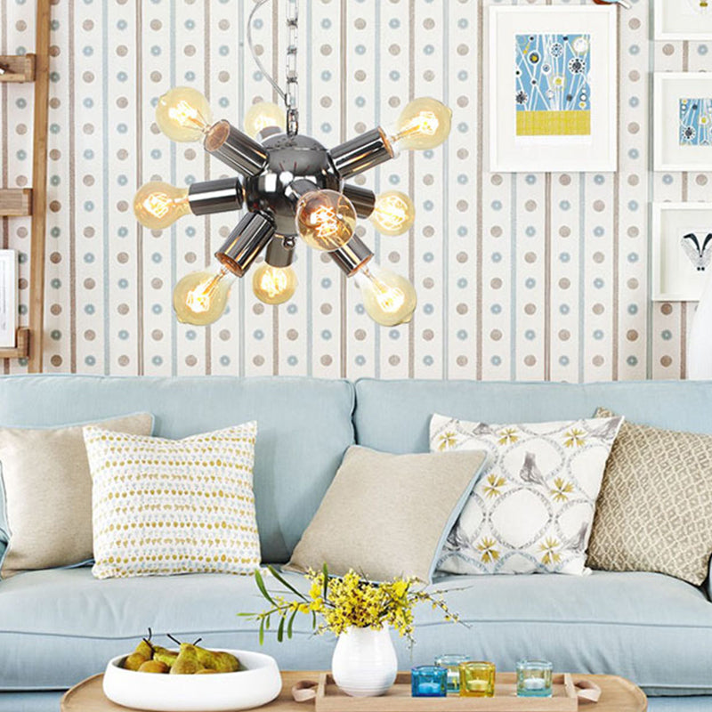 Starburst Hanging Chandelier Contemporary Metal 9/12 Bulbs Ceiling Pendant Light in Chrome Clearhalo 'Ceiling Lights' 'Chandeliers' 'Modern Chandeliers' 'Modern' Lighting' 324701