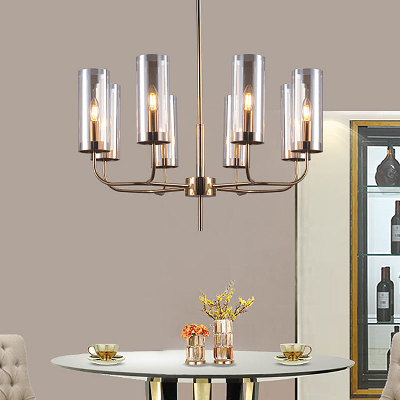 Cognac Glass Cylinder Hanging Chandelier Modern 8 Bulbs Ceiling Pendant Light for Dining Room Clearhalo 'Ceiling Lights' 'Chandeliers' 'Glass shade' 'Glass' 'Modern Chandeliers' 'Modern' Lighting' 324726