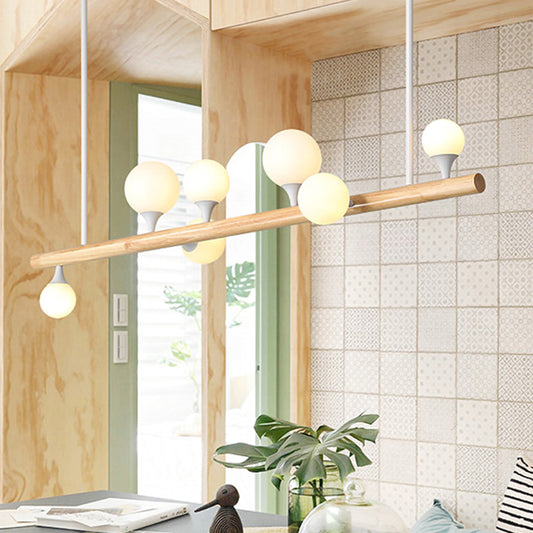 Straight Island Lighting Asian Wood 7 Bulbs Beige Hanging Ceiling Light for Dining Room Wood Clearhalo 'Ceiling Lights' 'Island Lights' Lighting' 324748