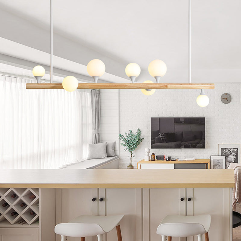 Straight Island Lighting Asian Wood 7 Bulbs Beige Hanging Ceiling Light for Dining Room Clearhalo 'Ceiling Lights' 'Island Lights' Lighting' 324749