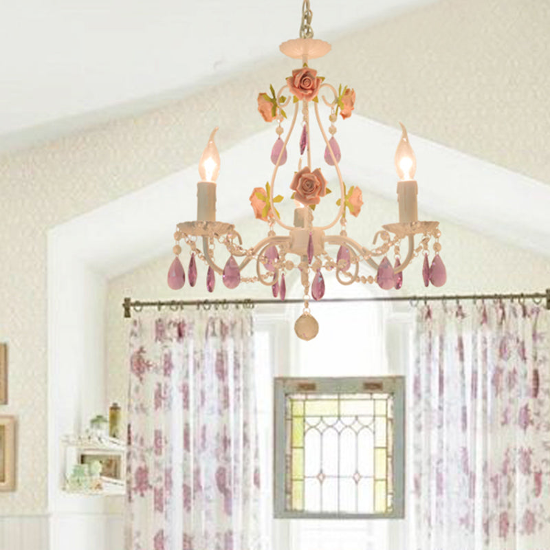 Countryside Candlestick Hanging Pendant 3/5/8 Heads Crystal Chandelier Lighting Fixture in Blue/Purple 3 Purple Clearhalo 'Ceiling Lights' 'Chandeliers' Lighting' options 324776_2e134384-8faa-49eb-a9b5-0e49940560b0