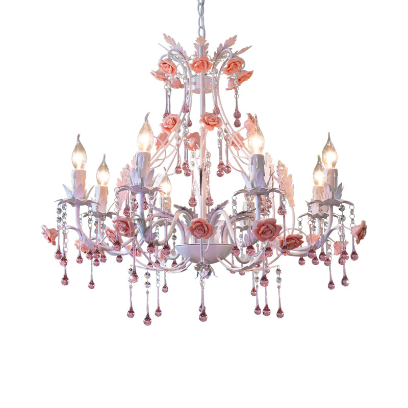 6/8 Bulbs Candle Hanging Chandelier Traditionalist White Crystal Ceiling Suspension Lamp for Bedroom Clearhalo 'Ceiling Lights' 'Chandeliers' Lighting' options 324787