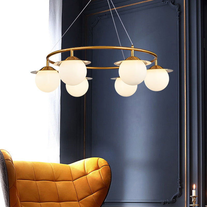 Gold Sphere Chandelier Lighting Modernist 6 Bulbs White Glass Ceiling Suspension Lamp Gold Clearhalo 'Ceiling Lights' 'Chandeliers' 'Glass shade' 'Glass' 'Modern Chandeliers' 'Modern' Lighting' 324803