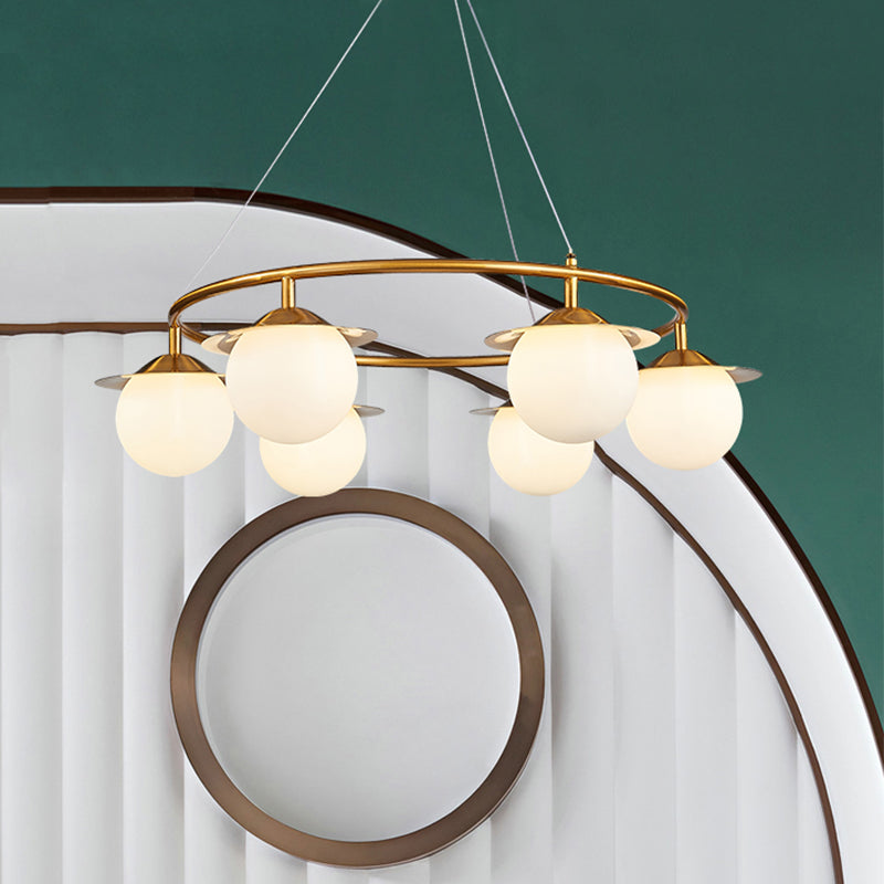 Gold Sphere Chandelier Lighting Modernist 6 Bulbs White Glass Ceiling Suspension Lamp Clearhalo 'Ceiling Lights' 'Chandeliers' 'Glass shade' 'Glass' 'Modern Chandeliers' 'Modern' Lighting' 324804