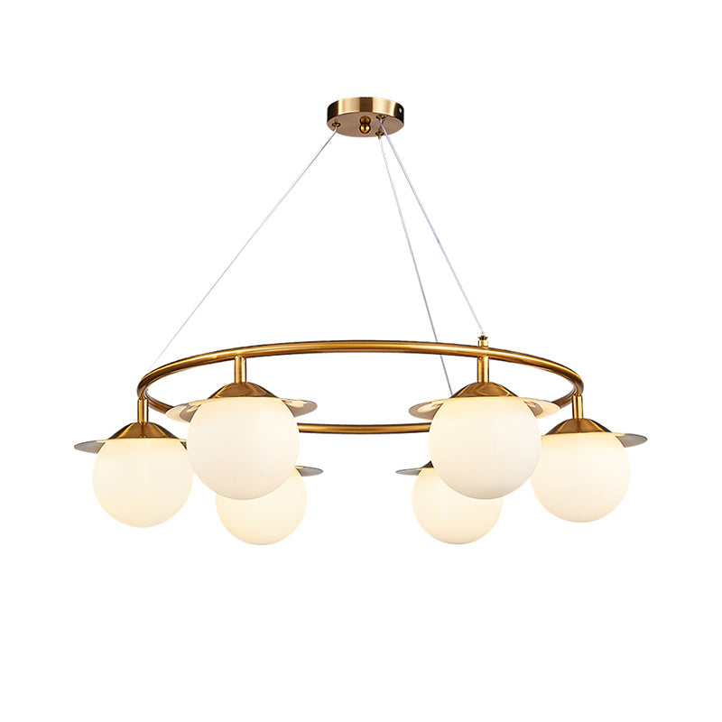 Gold Sphere Chandelier Lighting Modernist 6 Bulbs White Glass Ceiling Suspension Lamp Clearhalo 'Ceiling Lights' 'Chandeliers' 'Glass shade' 'Glass' 'Modern Chandeliers' 'Modern' Lighting' 324805