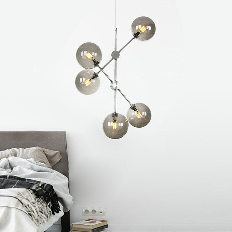 Smoke Glass Ball Pendant Chandelier Contemporary 5 Bulbs Hanging Ceiling Light for Bedroom Smoke Gray Clearhalo 'Ceiling Lights' 'Chandeliers' 'Glass shade' 'Glass' 'Modern Chandeliers' 'Modern' Lighting' 324815