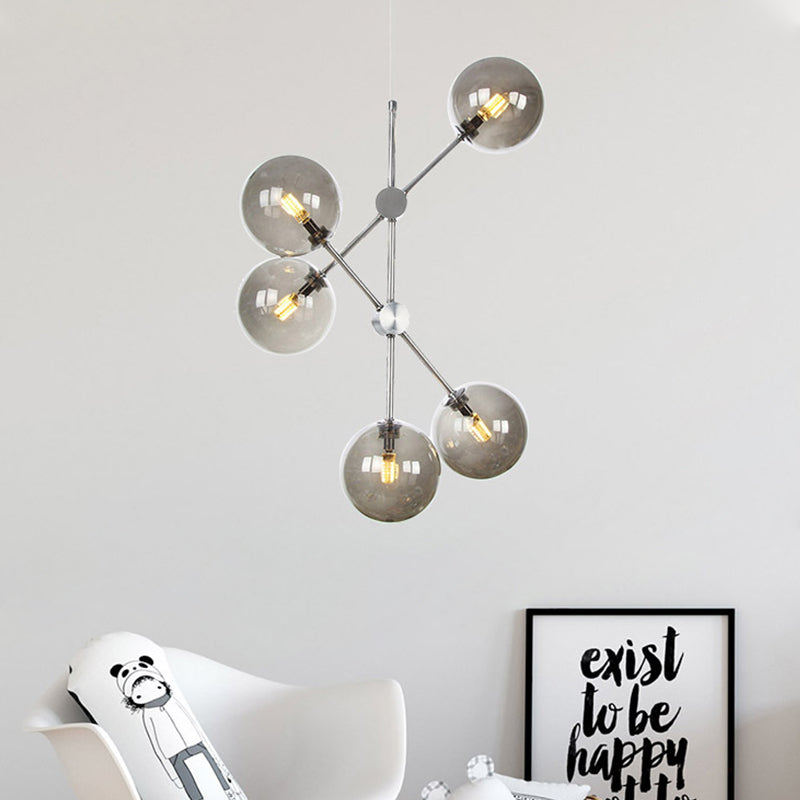 Smoke Glass Ball Pendant Chandelier Contemporary 5 Bulbs Hanging Ceiling Light for Bedroom Clearhalo 'Ceiling Lights' 'Chandeliers' 'Glass shade' 'Glass' 'Modern Chandeliers' 'Modern' Lighting' 324816