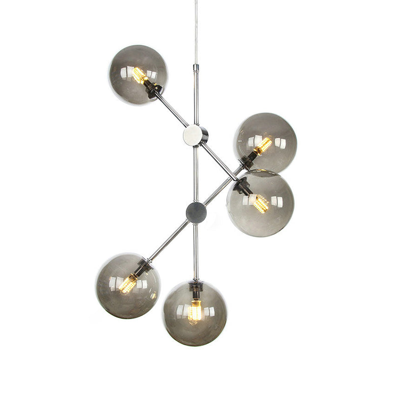 Smoke Glass Ball Pendant Chandelier Contemporary 5 Bulbs Hanging Ceiling Light for Bedroom Clearhalo 'Ceiling Lights' 'Chandeliers' 'Glass shade' 'Glass' 'Modern Chandeliers' 'Modern' Lighting' 324817