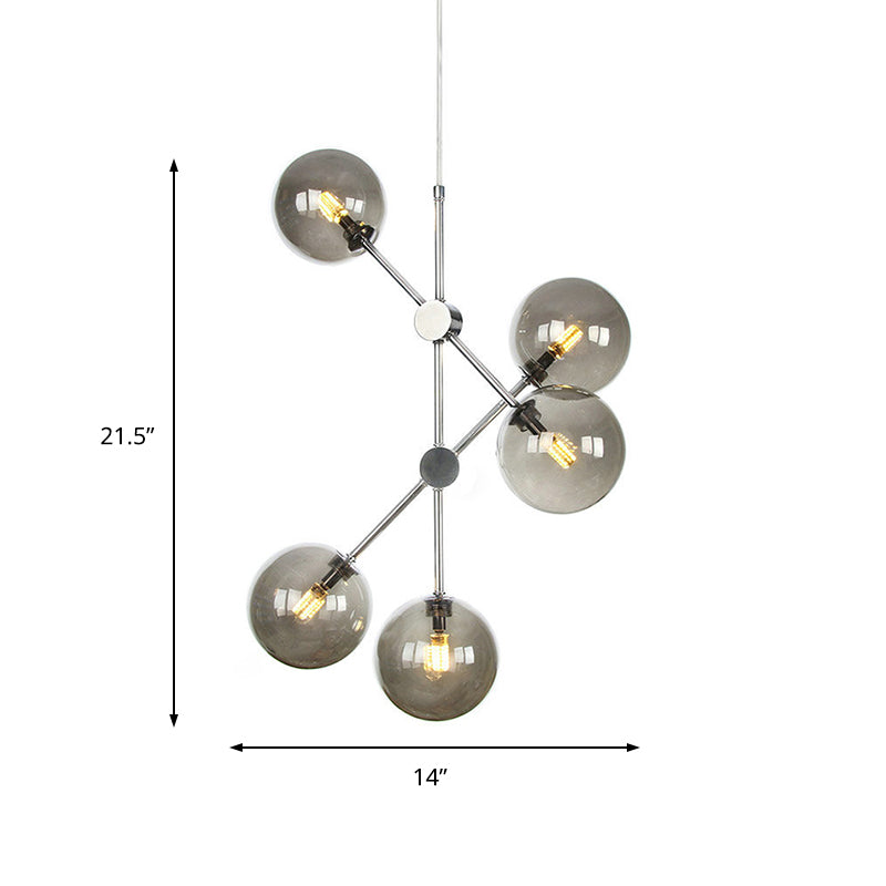 Smoke Glass Ball Pendant Chandelier Contemporary 5 Bulbs Hanging Ceiling Light for Bedroom Clearhalo 'Ceiling Lights' 'Chandeliers' 'Glass shade' 'Glass' 'Modern Chandeliers' 'Modern' Lighting' 324818