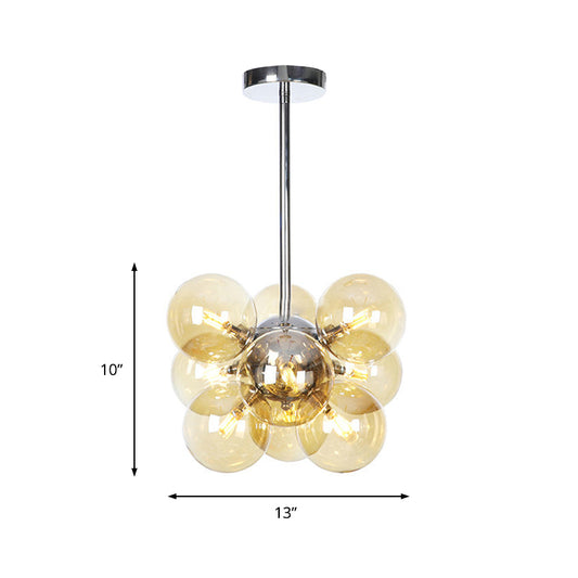 Modern 9 Heads Chandelier Light Chrome Orb Pendant Lighting Fixture with Amber Glass Shade Clearhalo 'Ceiling Lights' 'Chandeliers' 'Close To Ceiling Lights' 'Glass shade' 'Glass' 'Modern Chandeliers' 'Modern' Lighting' 324822