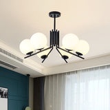 Milky Glass Global Semi Flush Modernism 6 Bulbs Black Ceiling Mount Light Fixture for Bedroom Clearhalo 'Ceiling Lights' 'Chandeliers' 'Close To Ceiling Lights' 'Close to ceiling' 'Glass shade' 'Glass' 'Semi-flushmount' Lighting' 324828