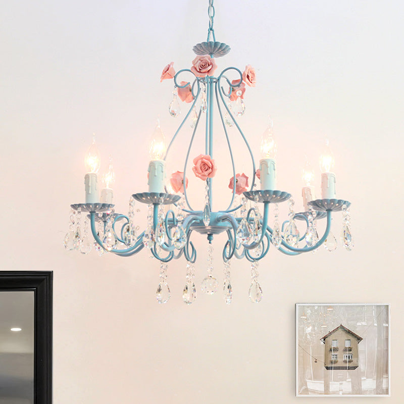 Pink/Yellow Candle Hanging Chandelier Traditional Clear Crystal 5/8 Lights Living Room Ceiling Pendant Clearhalo 'Ceiling Lights' 'Chandeliers' Lighting' options 324849